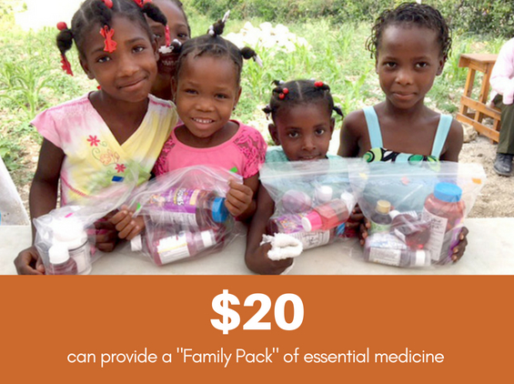 $20 can provide a "Family Pack" of essential medicine for Haitian families